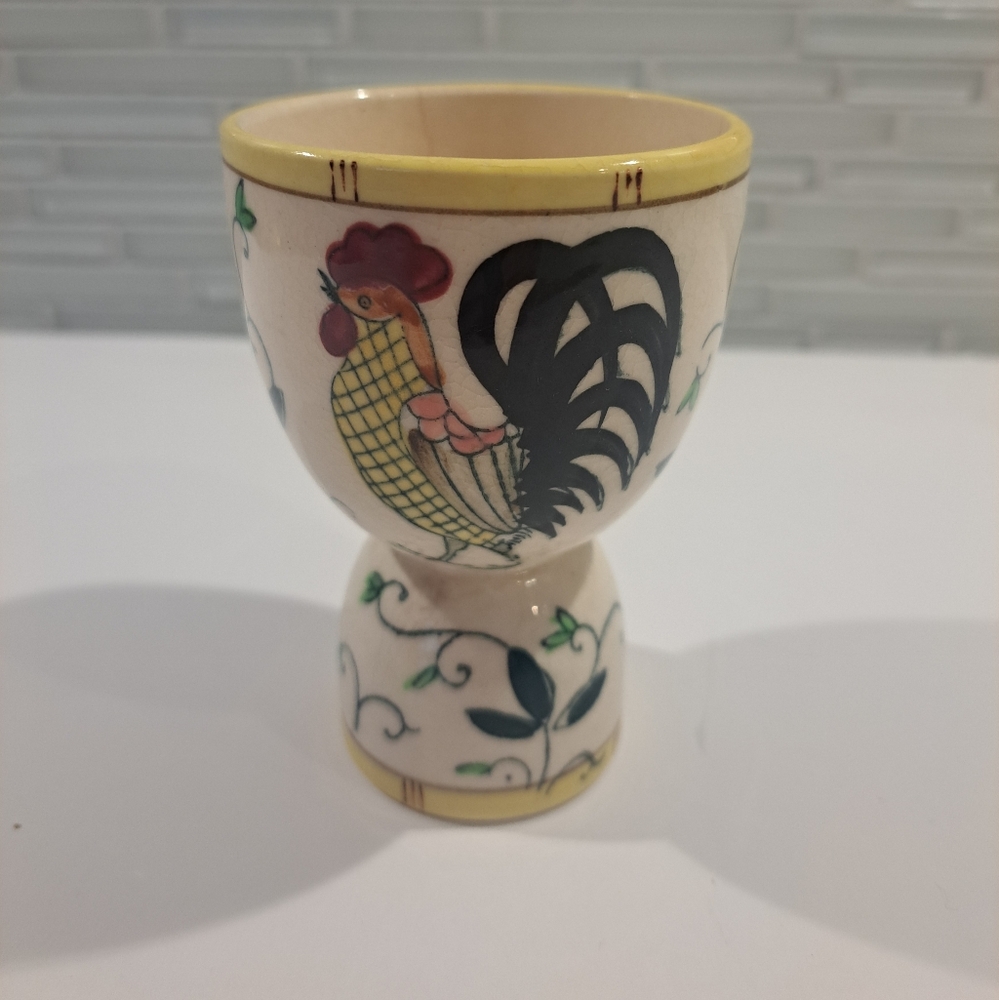 Vtg Double Egg Cup "Early Provincial" w/Rooster, Rose, Yellow Band by UCAGCO